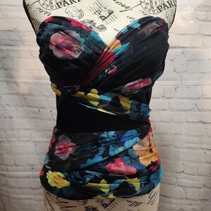 Bebe Corset Top Womens 4 Black Floral Pleated Mesh Wired Padded Cups Fairycore